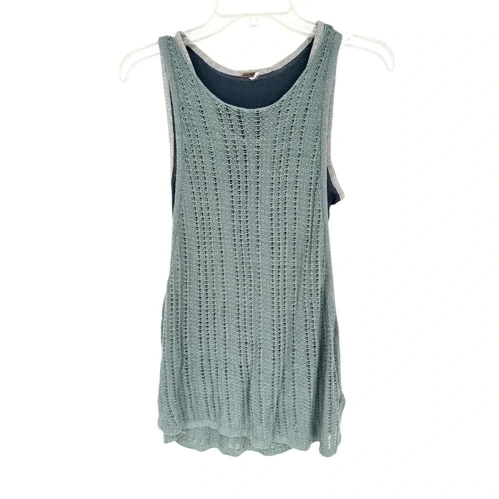 FREE PEOPLE Double Take Tank Crochet Layered Relaxed Fit Blue M/L Boho Artsy